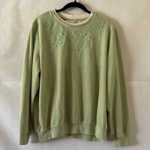 Alfred Dunner Light Green Floral Sweater Size XL Fleece Ribbed Pullover Cottage